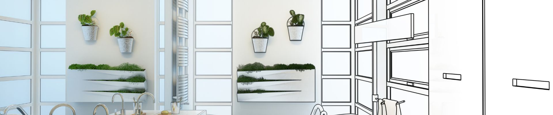 Bathroom design concept transitioning from drawing to finished room