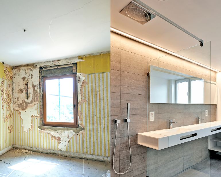 A Brisbane bathroom before renovation beside the finished tiled result